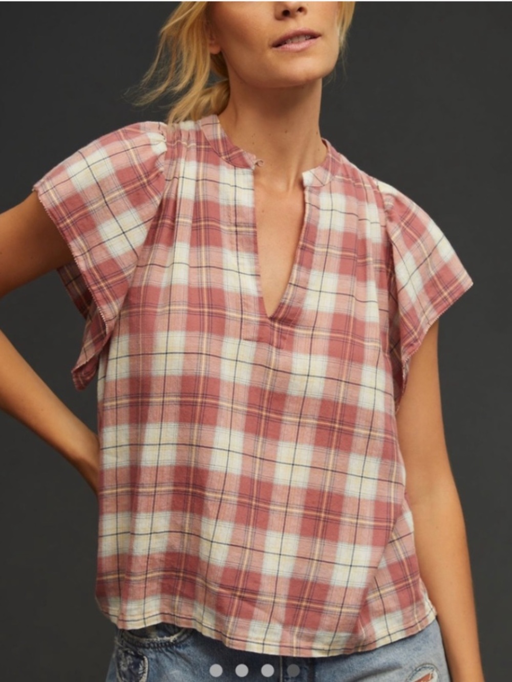 Birds of Paradis Trovata Anthropologie Brett Blouse Plaid Flutter Sleeve Top L